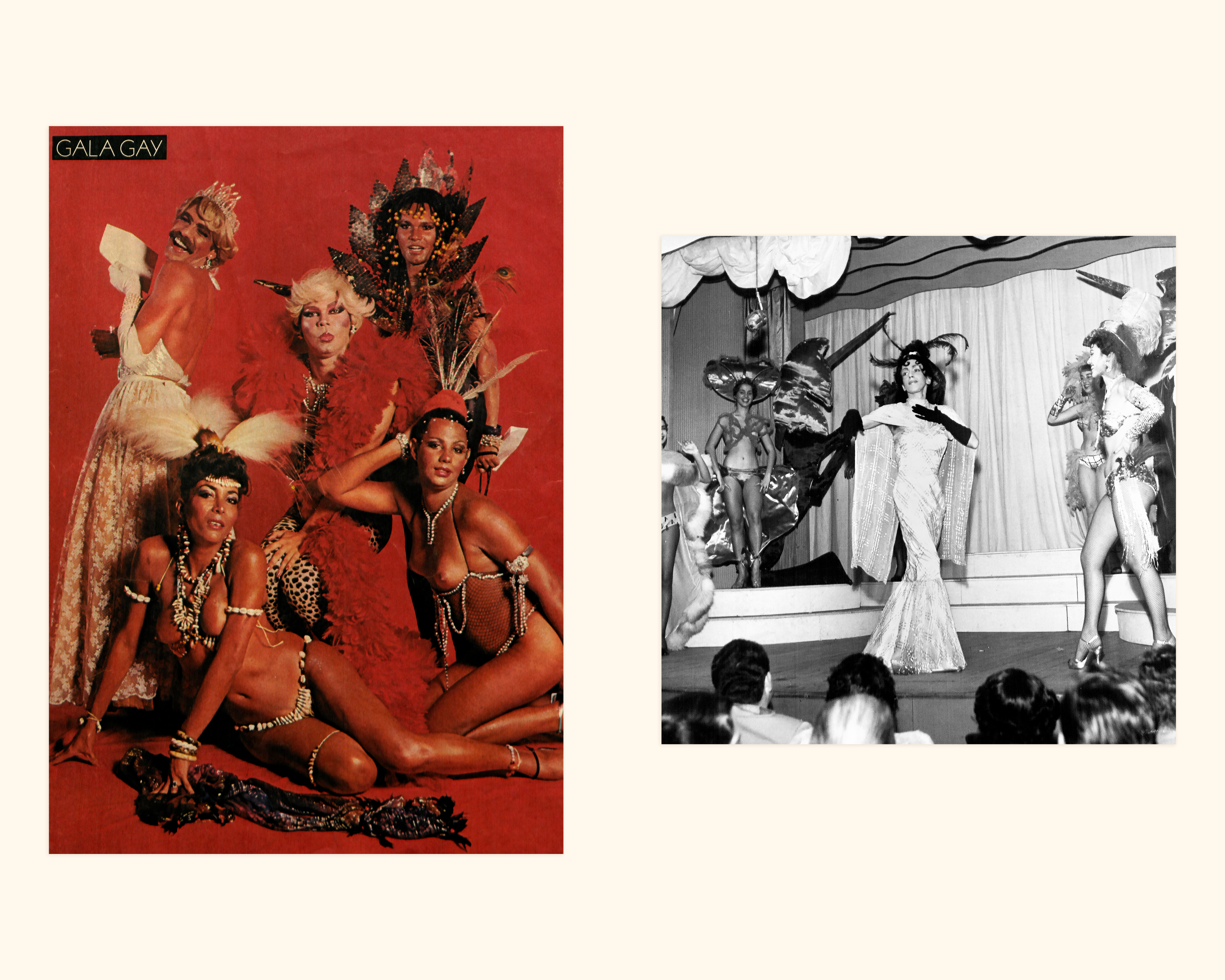 4. a) Baile Gala Gay. Foto reproduzida da revista Fatos e Fotos Gente, DF, ano XIX, no 1021, mar/1981. b) Pituca (Mozart Régis, 1926-1995) junto às vedetes do Teatro de Revista, RJ. Foto de Aymoré Marella, 195-.