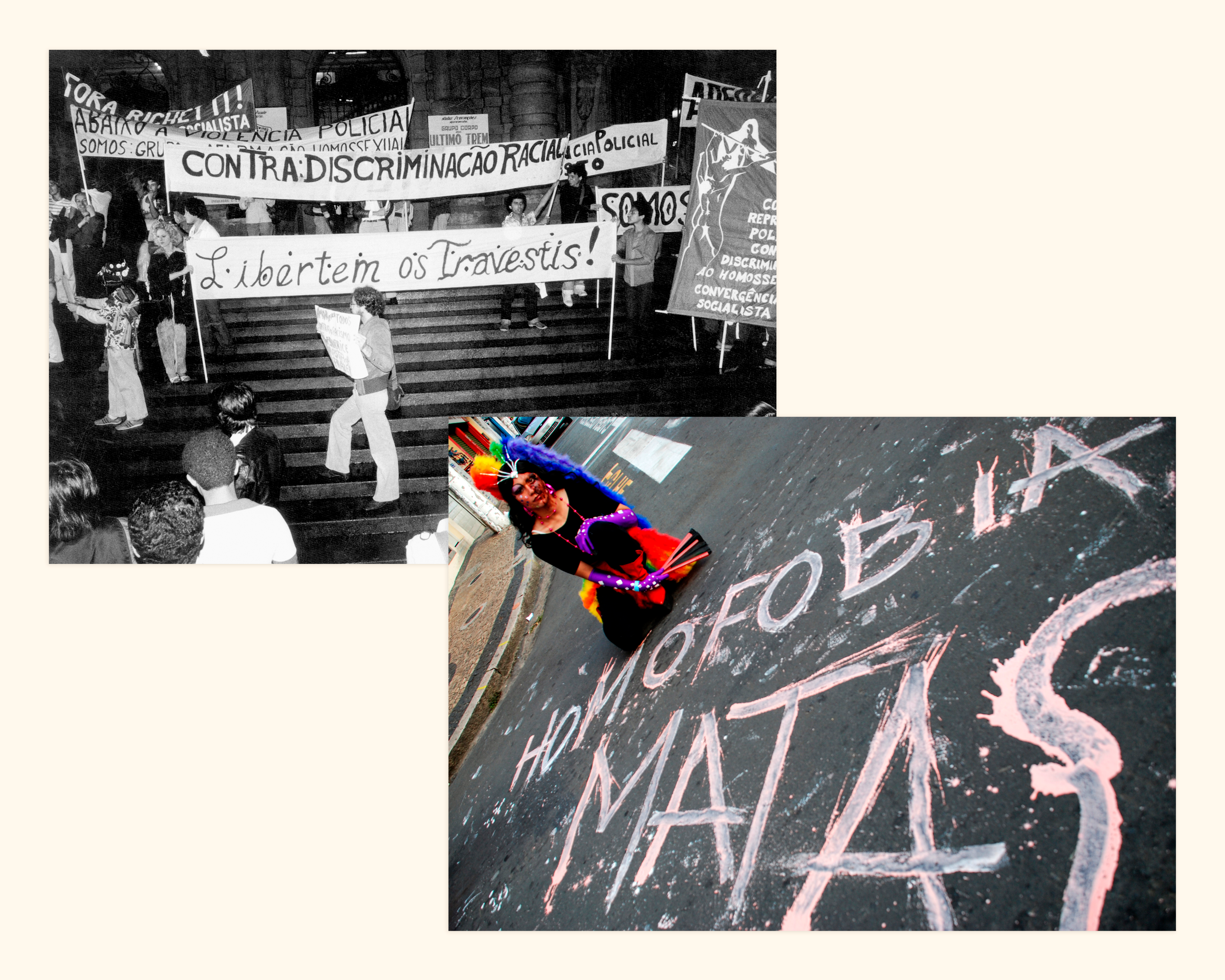 7. a) Libertem os travestis! Manifestação em frente ao Teatro Municipal de São Paulo contra as arbitrariedades do delegado Richetti. SP, jun/1980. b) Homofobia Mata! Parada LGBT de Campinas. SP, 2008.