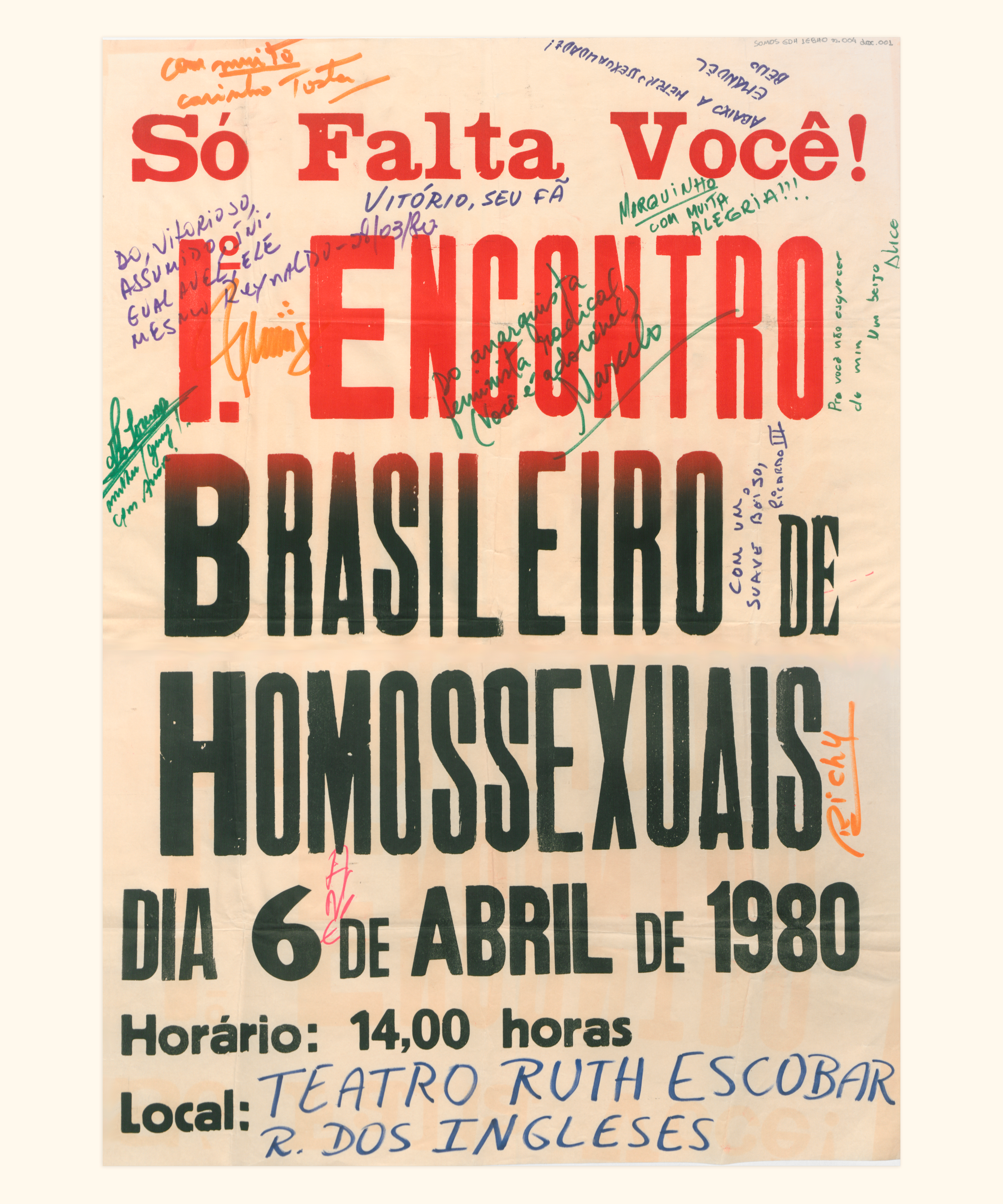 8. Cartaz assinado pelos participantes do Io Encontro Brasileiro de Homossexuais. SP, 1980.