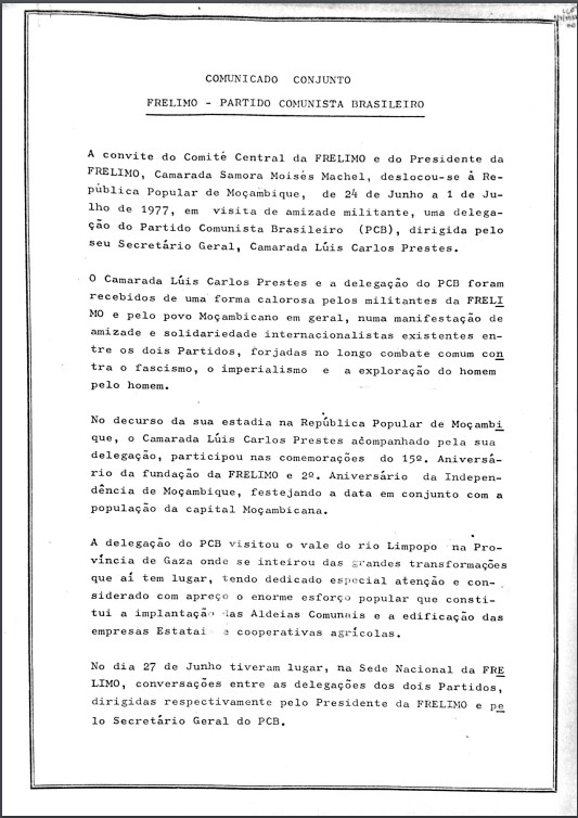 Comunicado conjunto Frelimo - Partido Comunista Brasileiro. Maputo, 1 de Julho de 1977. Fundo Luís Carlos Prestes. Pasta 96 Moçambique.