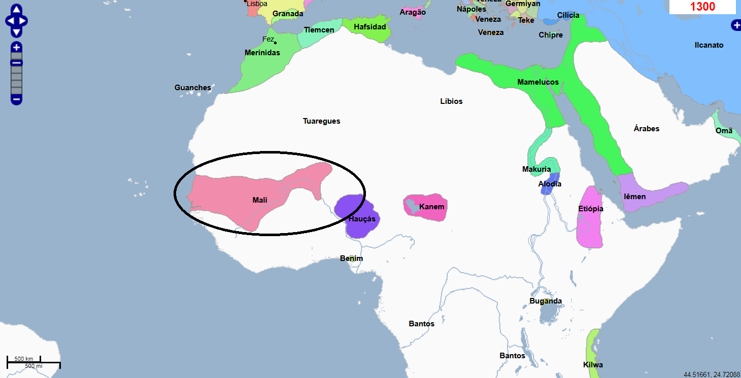 A região circulada mostra a localização do Império do Mali em 1300 d.C