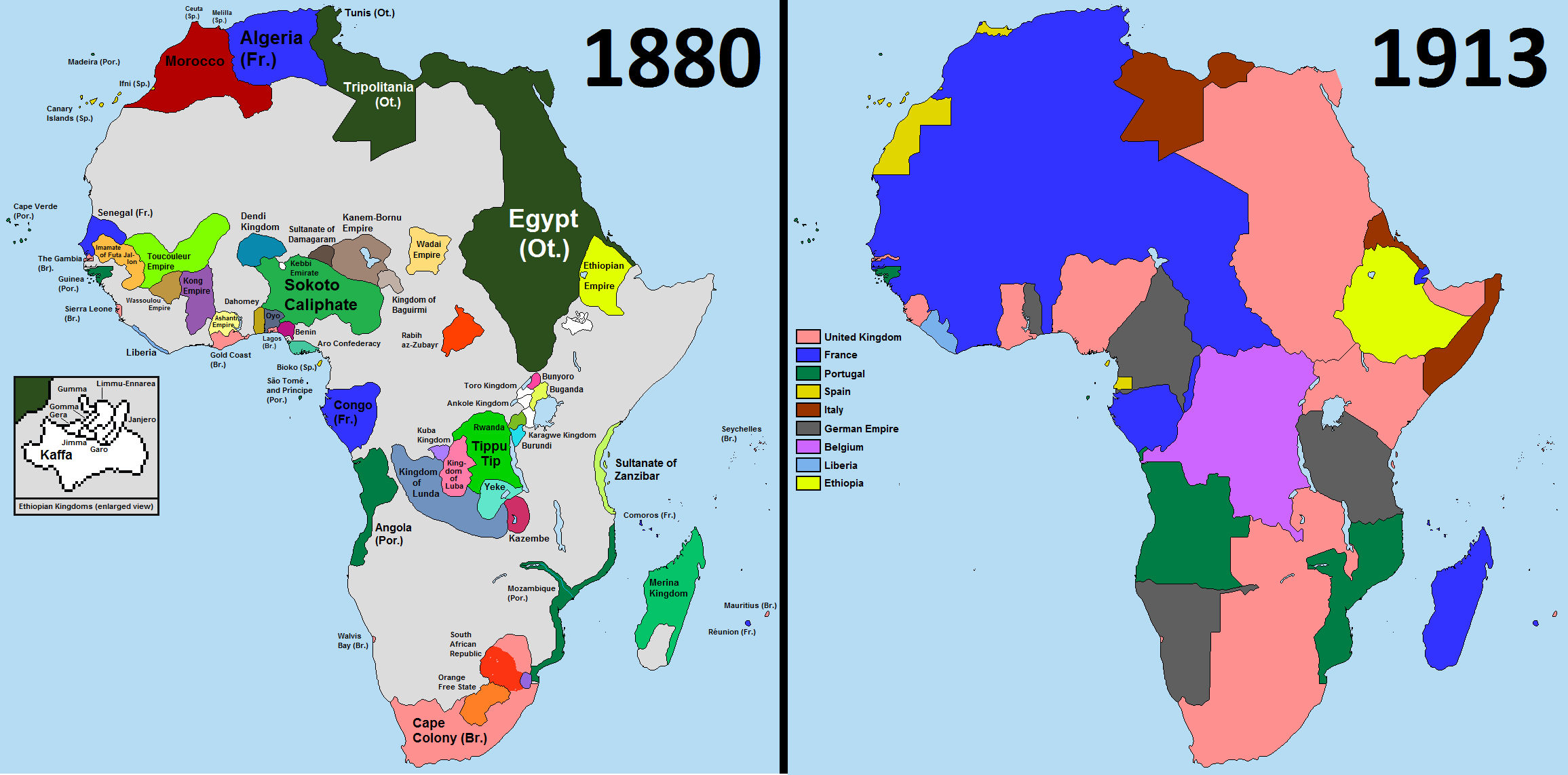 Mapa comparado da África em 1880 e 1913