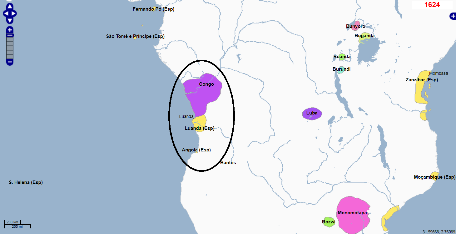 O mapa mostra duas regiões, uma roxa, representando o reino do Congo, e outra amarela, a Angola “portuguesa” - a qual, nesta época, era a União Ibérica. O reino do Ndongo se localizava ao lado da Angola “portuguesa”.